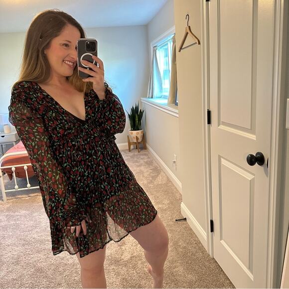 The Kooples Black Red Floral Silk Long Sleeve Mini Dress Small - Picture 4 of 10